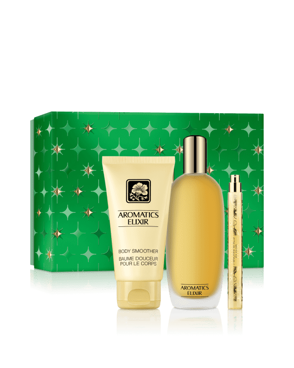 Aromatics Elixir Mixes Set, A bold fragrance trio for head-to-toe intrigue. Featuring a full-size perfume, an on-the-go mini, and body smoother lotion.