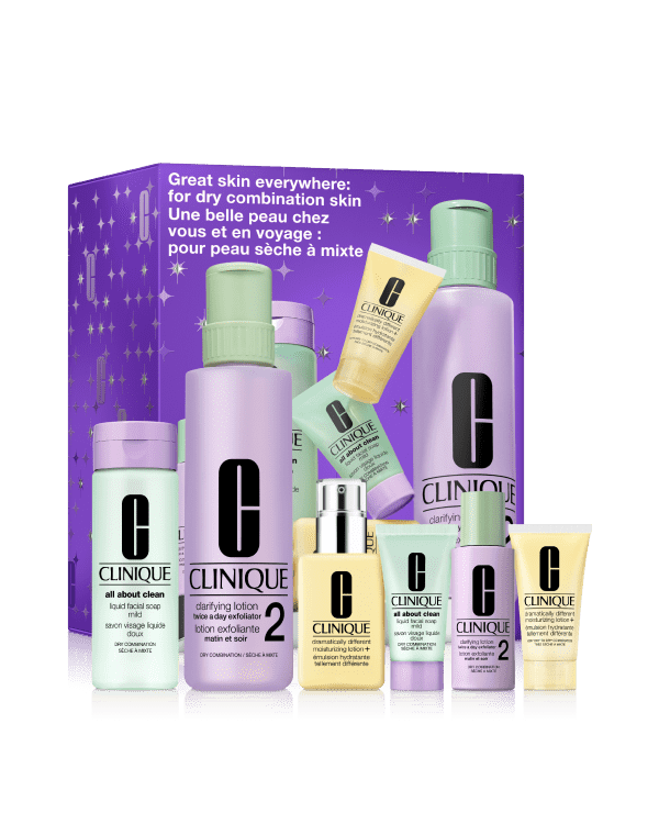 Great Skin Everywhere: Dry Combination, Clinique’s signature 3-Step Skin Care System for healthy-looking skin—one set for home, one for travel.&nbsp;