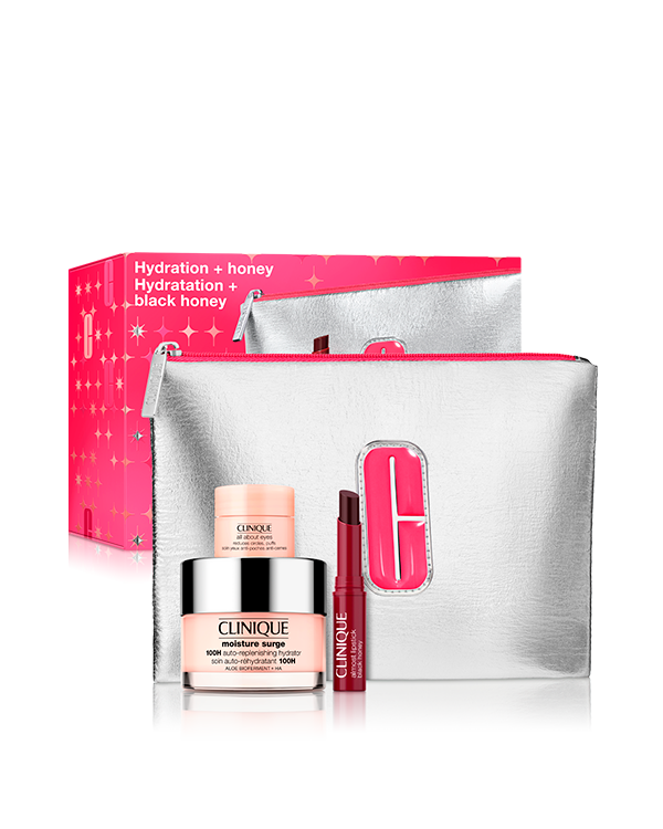 Hydration + Honey Set, &nbsp; A skincare trio featuring our powerful 100H hydrator, an eye cream, and our cult classic Black Honey lipstick
