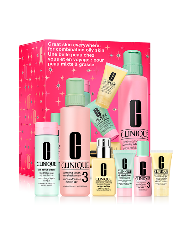 Great Skin Everywhere: Oily Combination, Clinique’s signature 3-Step Skin Care System for healthy-looking skin — one set for home, one for travel.&nbsp;