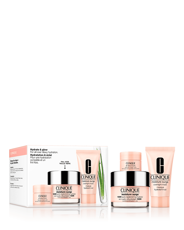 Hydrate + Glow Skincare Set, 3 skincare favorites for all-over dewy hydration, including our bestselling Moisture Surge™ 100H Hydrator in full size. $106 value.